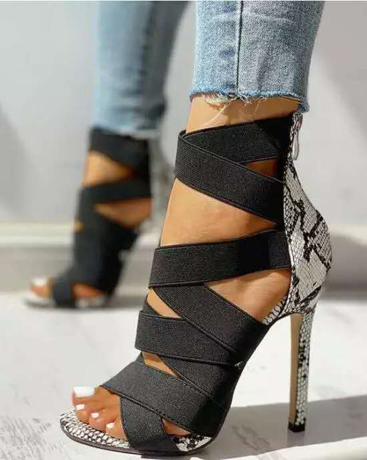 Trendy Snake Pattern High Heels with Cross Ties