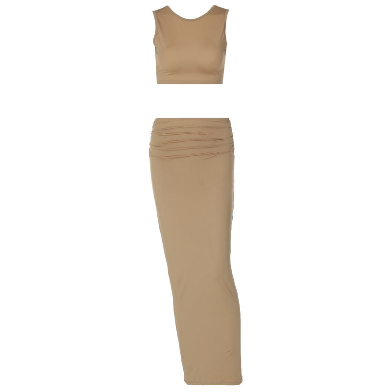 Minimal Chic Two-Piece Set - Sleeveless Crop Top &amp; Maxi Skirt in Sand Beige