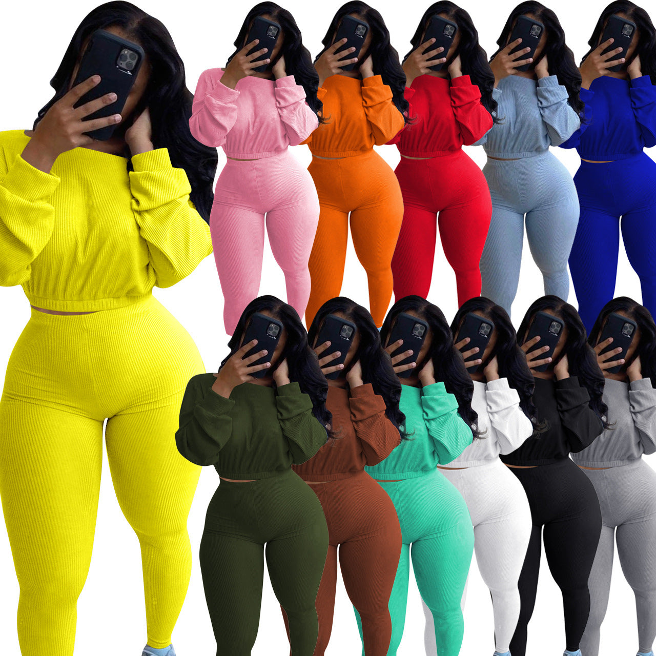 Ladies Fashion Autumn Ribbed Athleisure Suit