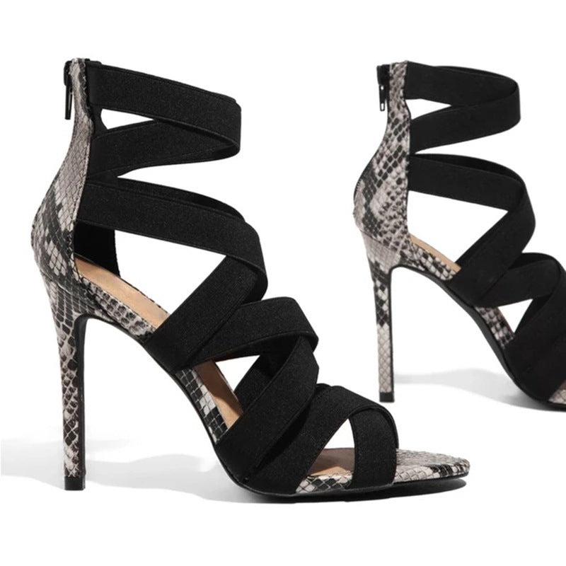Trendy Snake Pattern High Heels with Cross Ties