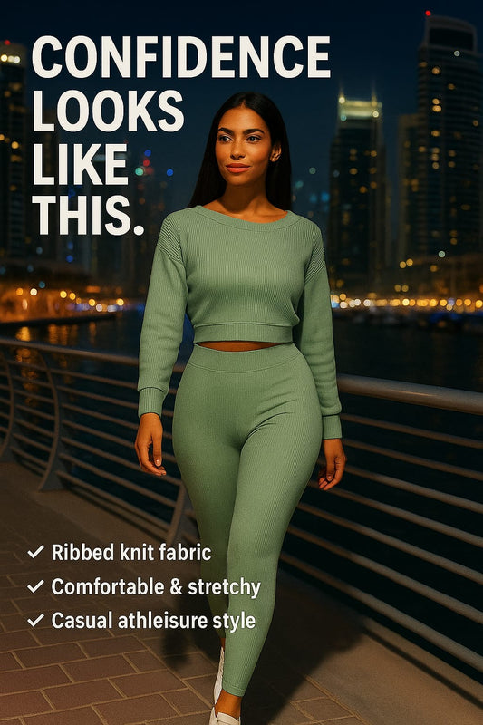 Ladies Fashion Autumn Ribbed Athleisure Suit